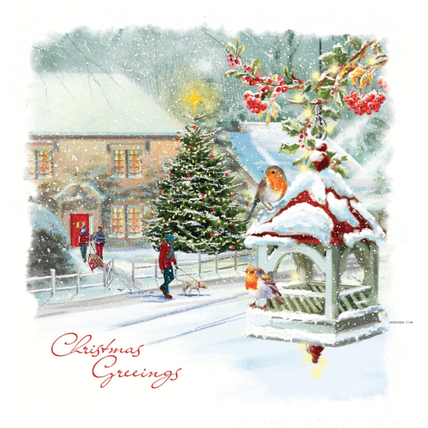 Christmas card showing a snowy village scene with a person walking a dog, a decorated Christmas tree, and two robins sitting on a snow-covered birdhouse. The text reads 'Christmas Greetings.'