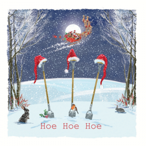 Christmas card showing a snowy winter scene with three garden hoes standing upright, each topped with a Santa hat. A robin perches on one of the hoes, while rabbits sit nearby. In the background, Santa flies across the moon in his sleigh. The text reads 'Hoe Hoe Hoe.'