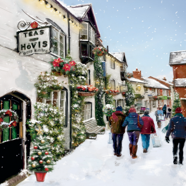 Christmas card showing an illustration of a snowy, winter scene in Church Lane, Stafford. People in hats and boots walk past the Soup Kitchen restaurant bedecked in Christmas wreaths, decorations and a tree.