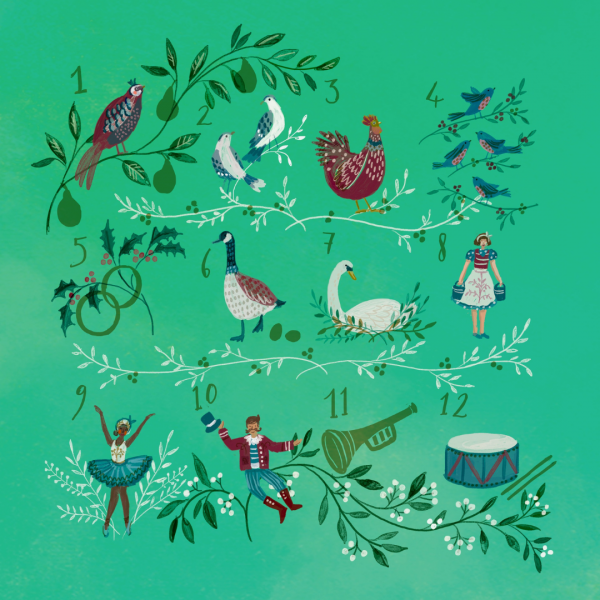 Katharine House Hospice charity Christmas card design showing an illustration of the '12 Days of Christmas,' showing key items from the song, such as a partridge, doves, hens, calling birds, gold rings, geese, swans, and other figures from the song, set against a green background with vines