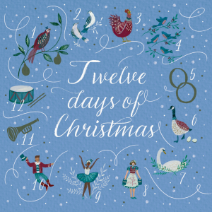 Katharine House Hospice charity Christmas card design showing illustration of the '12 Days of Christmas,' with festive depictions of a partridge, doves, hens, calling birds, gold rings, geese, swans, a milkmaid, a dancer, a leaping man, pipes, and a drum. Text in the center reads 'Twelve days of Christmas,' set against a blue background with decorative snowflakes.