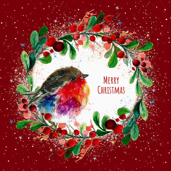 Christmas card showing a watercolour illustration of a robin inside a festive wreath of holly and red berries on a red background. The text 'Merry Christmas' is written next to the robin.