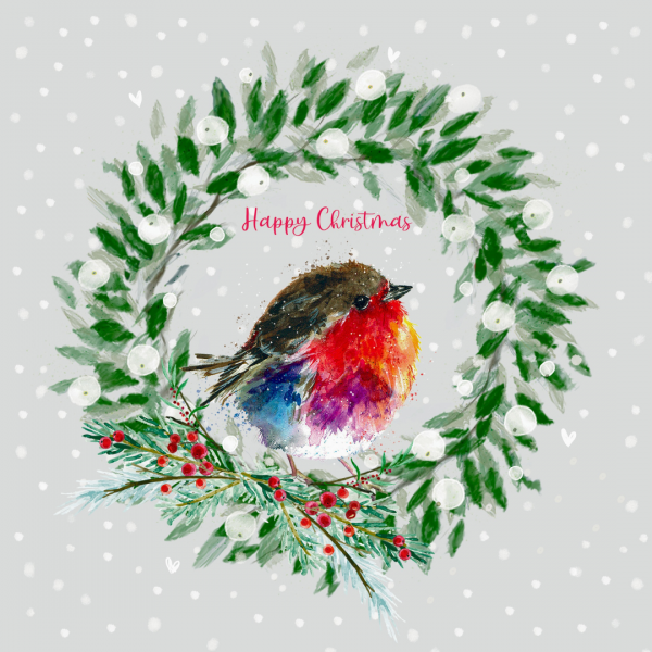 Christmas card showing a watercolour illustration of a robin inside a wreath of mistletoe and white berries on a light grey background with snowflakes. The text 'Happy Christmas' is written above the robin.