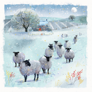 Christmas card showing an illustration of a winter scene of a flock of sheep walking through snow towards a cottage in the distance, with a tree decorated with lights and a snowy landscape under a full moon.