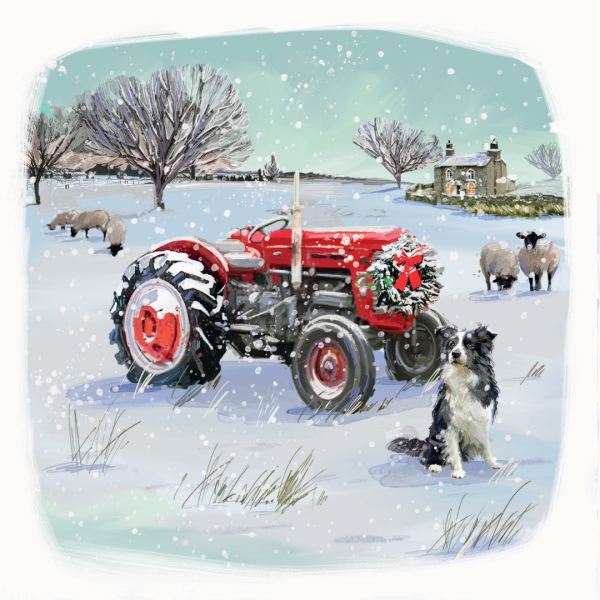 Christmas card showing an illustration of a snowy countryside scene featuring a red tractor decorated with a Christmas wreath and a black-and-white sheepdog sitting in front of it, with sheep grazing in the background.