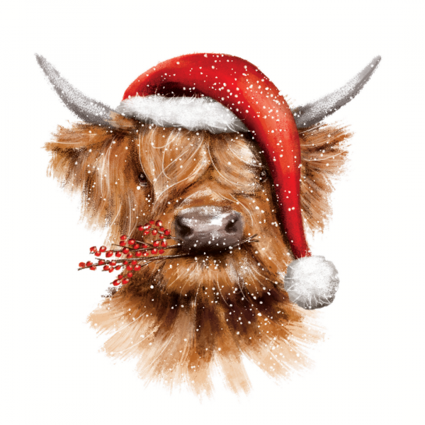 Christmas card showing an illustration of a Highland cow wearing a Santa hat and holding a sprig of red berries in its mouth, with snow falling around.