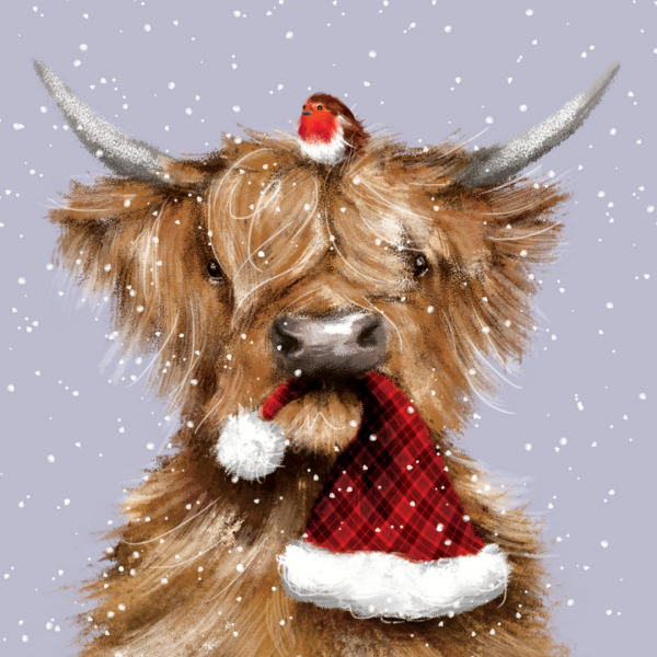 Christmas card showing an illustration of a Highland cow holding a red tartan Santa hat in its mouth, with a robin perched on its head and snow falling around.