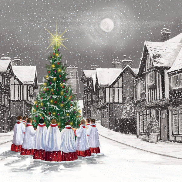 Christmas card showing an illustration of a choir of children in white robes with red gowns sing around a large Christmas tree in a snowy town square, with traditional timber-framed buildings under a full moon.