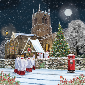 A Christmas card showing an illustration of a group of choristers in white and red robes walk into a snow-covered church for a midnight service. The scene features a Christmas tree, a red post box, and a moonlit sky