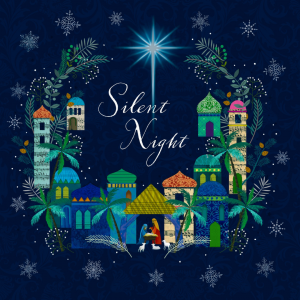 Christmas card design showing an illustration of a nativity scene with Mary, Joseph, and baby Jesus under a bright star, surrounded by colourful buildings, palm trees, and snowflakes. The text reads 'Silent Night.'