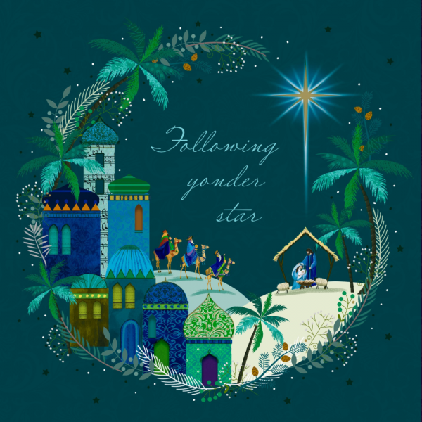 Christmas card design showing an illustration of the three wise men riding camels towards the nativity, guided by a bright star. The scene includes vibrant buildings and palm trees, with the text 'Following yonder star.