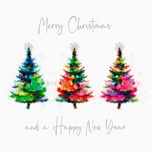 Christmas card design showing a watercolour illustration of three vibrant Christmas trees topped with snowflakes. The text above reads 'Merry Christmas,' and below it reads 'and a Happy New Year.