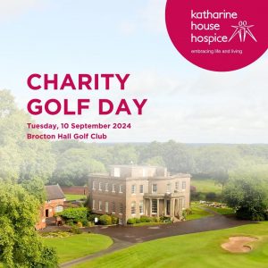 Background image of Brocton Hall Golf Club. Text: Charity Golf Day. Tuesday, 10 September 2024. Brocton Hall Golf Club.