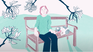 Illustration of a smiling lady sitting on a bench next to her little dog.