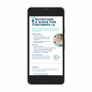 Visual mockup of a mobile displaying nutrition advice for palliative care patients on a PDF viewed on a smartphone screen.