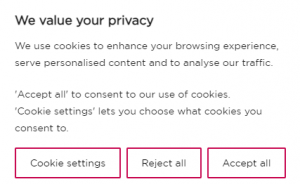 Cookie consent notice with the heading 'We value your privacy.' The notice informs users that cookies are used to enhance browsing experience, serve personalised content, and analyse traffic. Three options are available: 'Cookie settings,' 'Reject all,' and 'Accept all,' presented as buttons below the text.