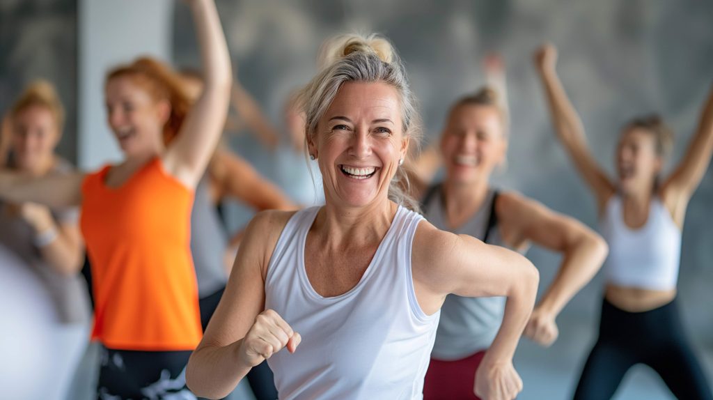 A group of women in sports wear enjoying a keep fit class