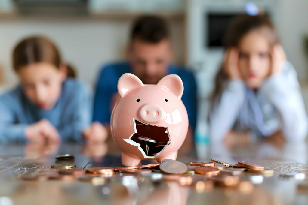 a pink piggie bank has been smashed and coins are leaking out of the hole. Tree worried looking people are sat behind the piggy bank out of focus