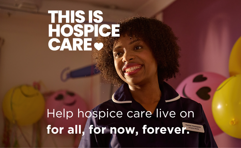 Picture of a nurse smiling with balloons behind her and the words help hospice care live on